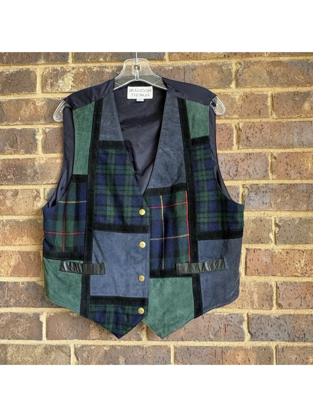 Vintage 90s Suede Leather Wool Tartan Plaid Green Blue Dark Academia Vest Sz L